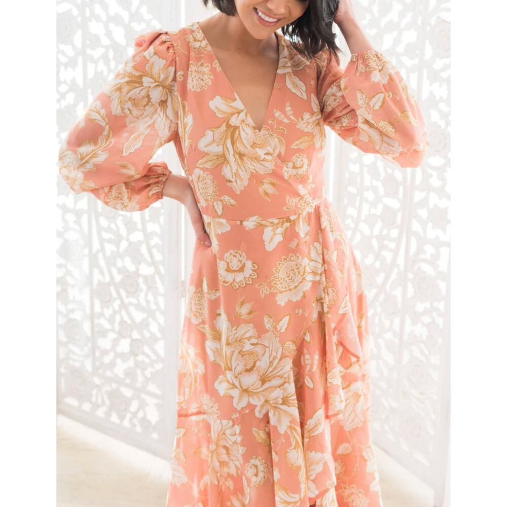 Flying Tomato NWT Peach/Ivory/Taupe Floral High Low V-Neck Midi Dress - Picture 4 of 7